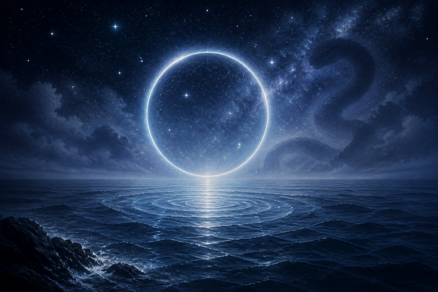 Shatabhisha empty circle — Varuna veil on Aquarius night ocean