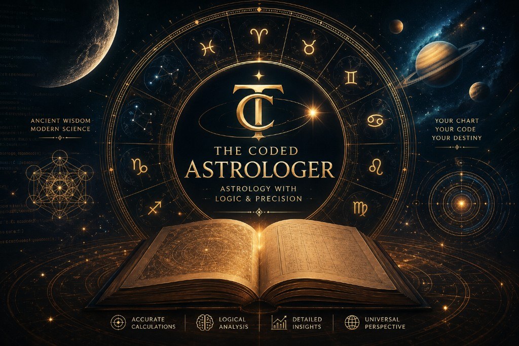 The Coded Astrologer — zodiac ring, open book, cosmic gold brand identity